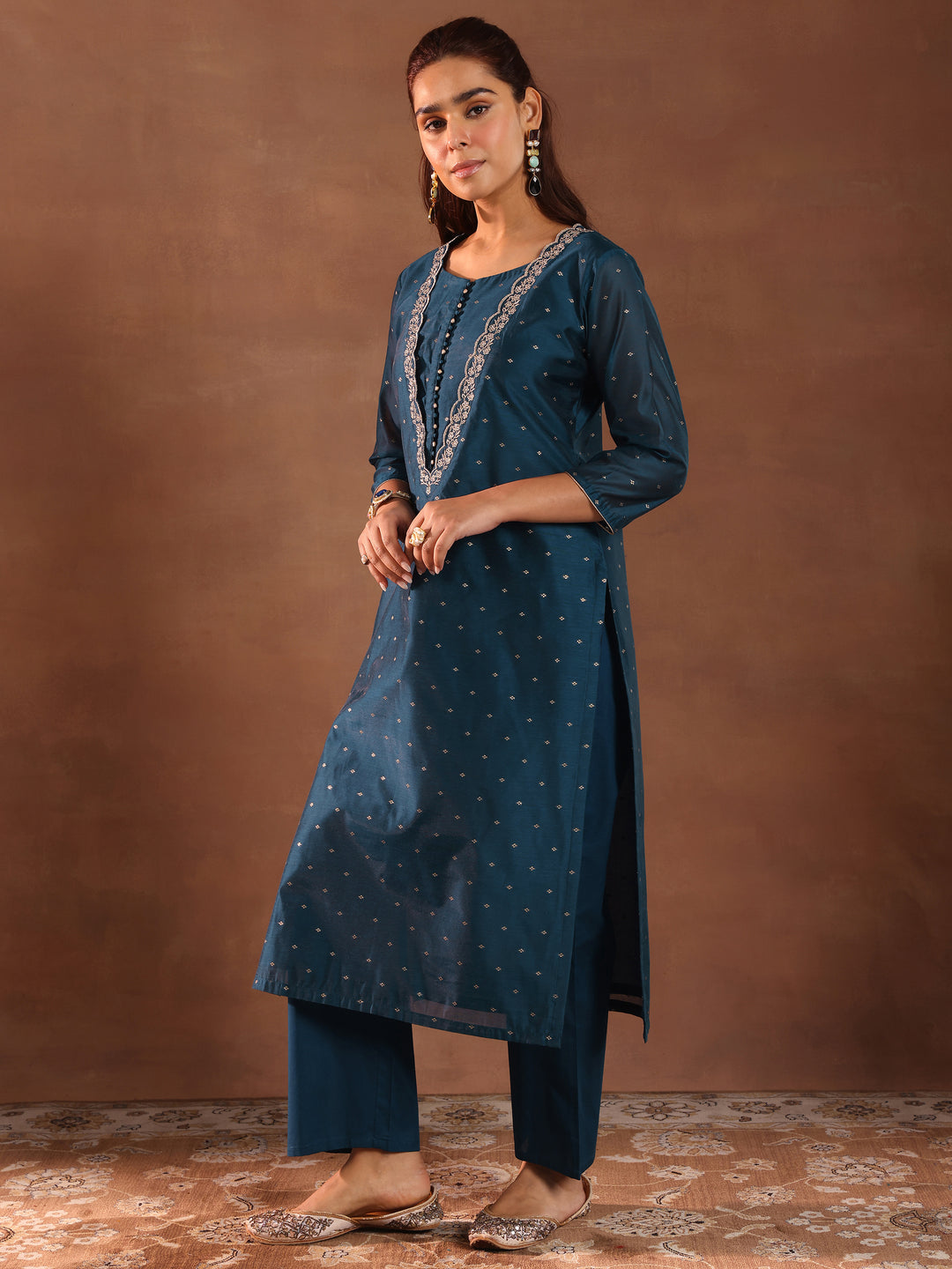 Teal Woven Design Chanderi Silk Straight Suit With Dupatta
