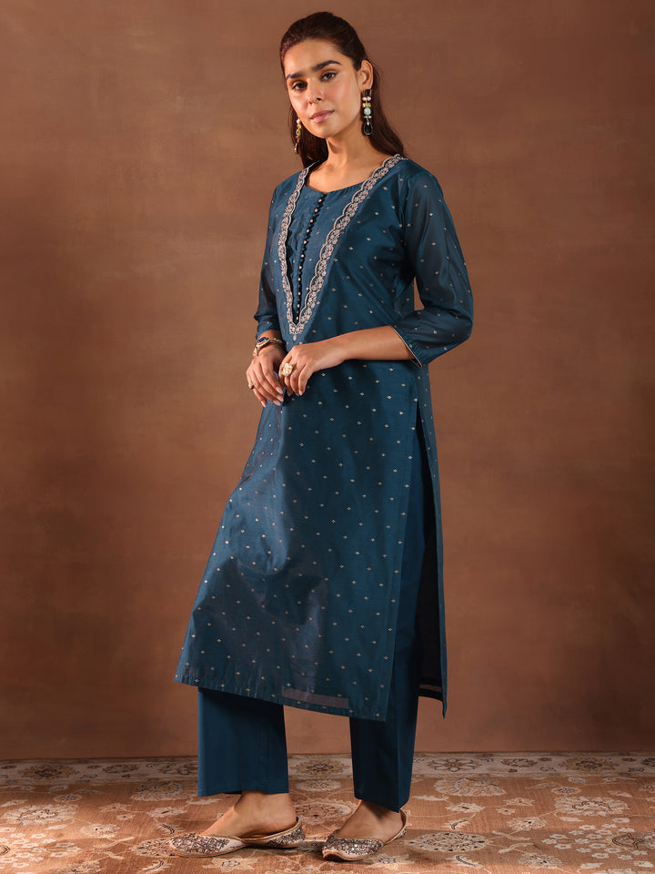 Teal Woven Design Chanderi Silk Straight Suit With Dupatta
