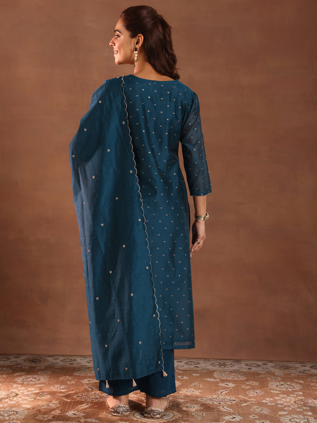 Teal Woven Design Chanderi Silk Straight Suit With Dupatta