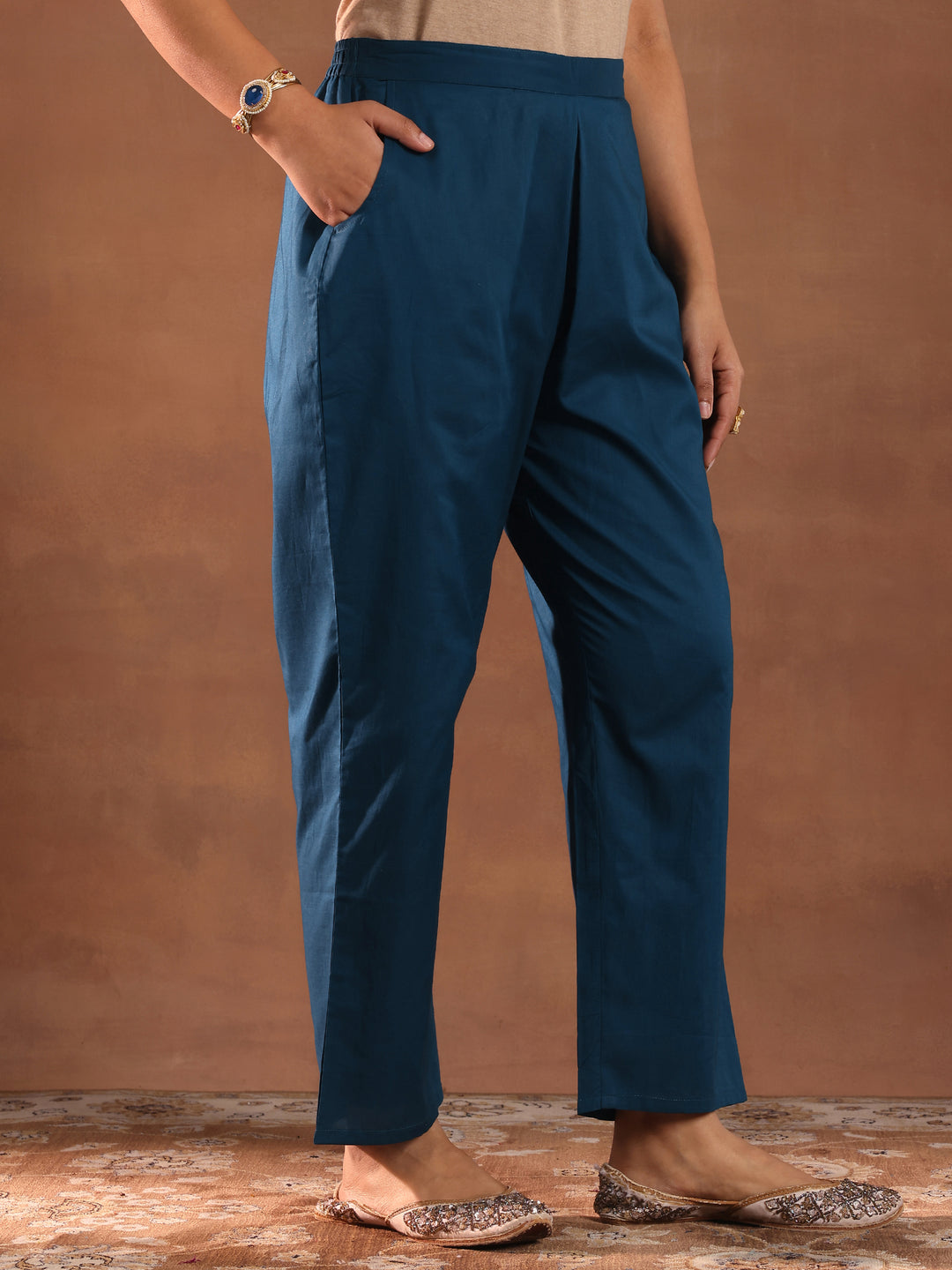 Teal Woven Design Chanderi Silk Straight Suit With Dupatta