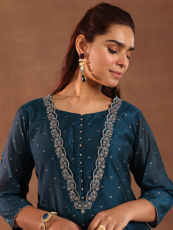 Teal Woven Design Chanderi Silk Straight Suit With Dupatta