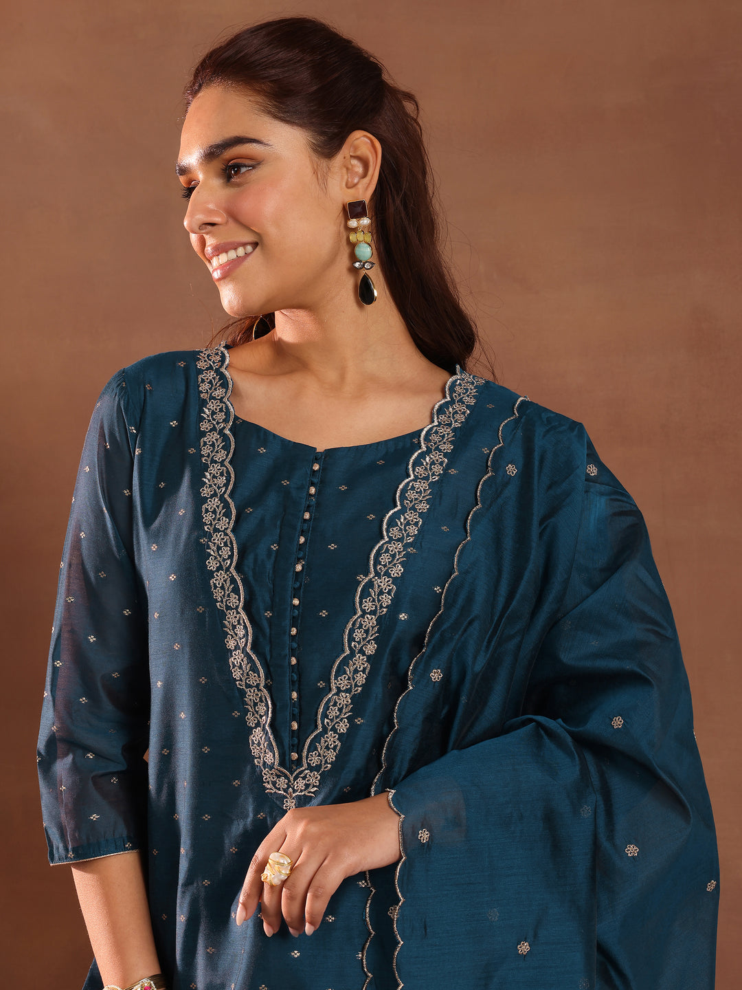 Teal Woven Design Chanderi Silk Straight Suit With Dupatta