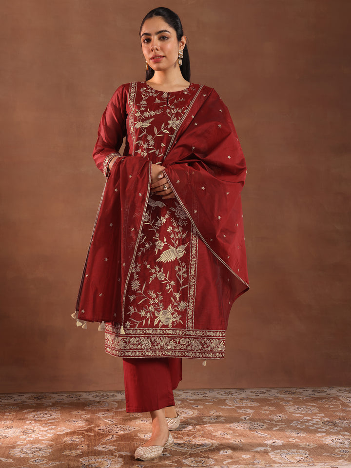 Maroon Embroidered Chanderi Silk Straight Suit With Dupatta