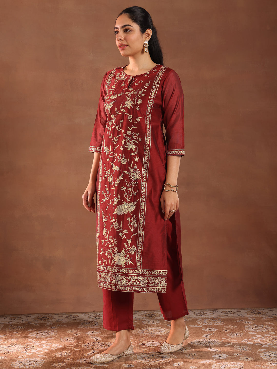 Maroon Embroidered Chanderi Silk Straight Suit With Dupatta