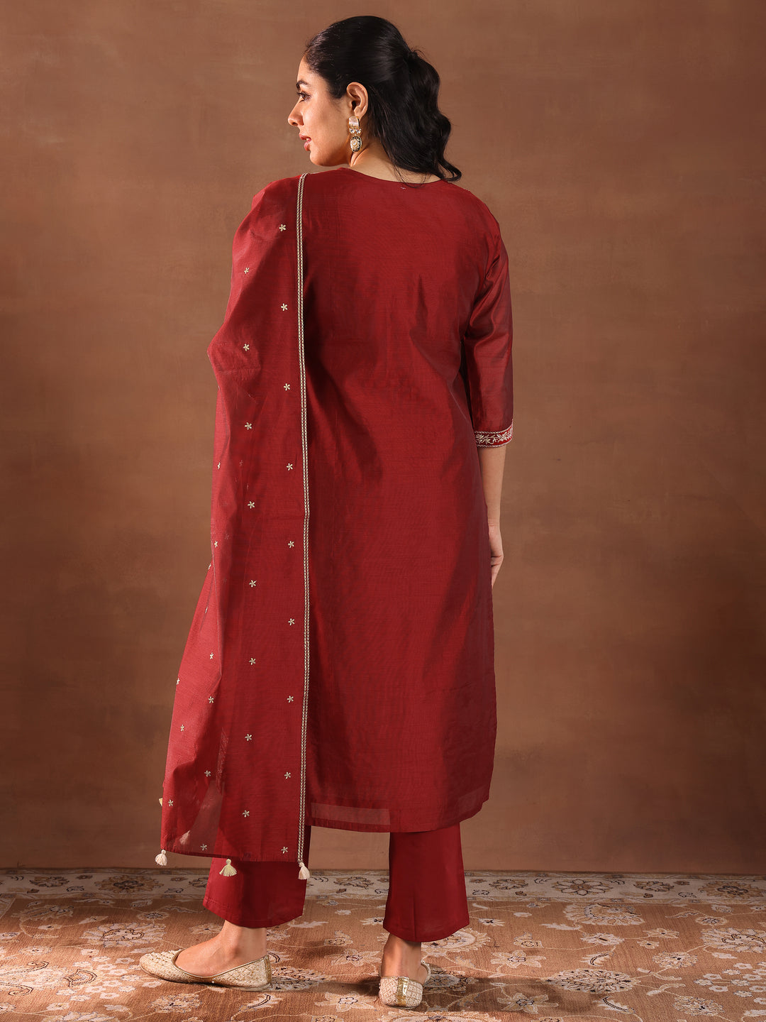 Maroon Embroidered Chanderi Silk Straight Suit With Dupatta