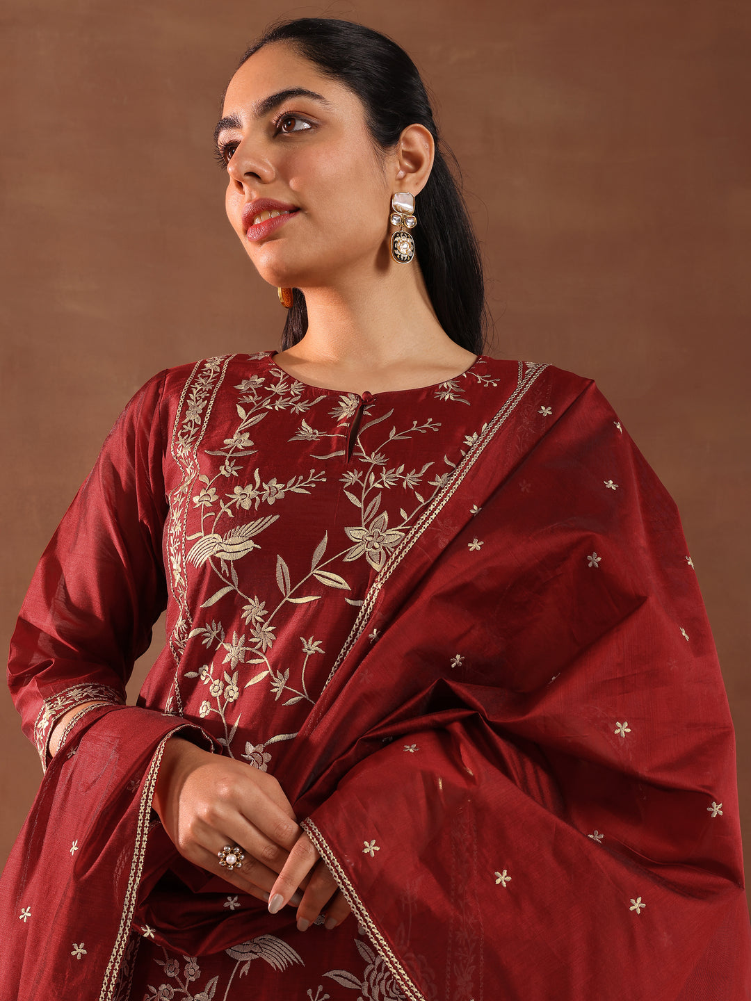 Maroon Embroidered Chanderi Silk Straight Suit With Dupatta