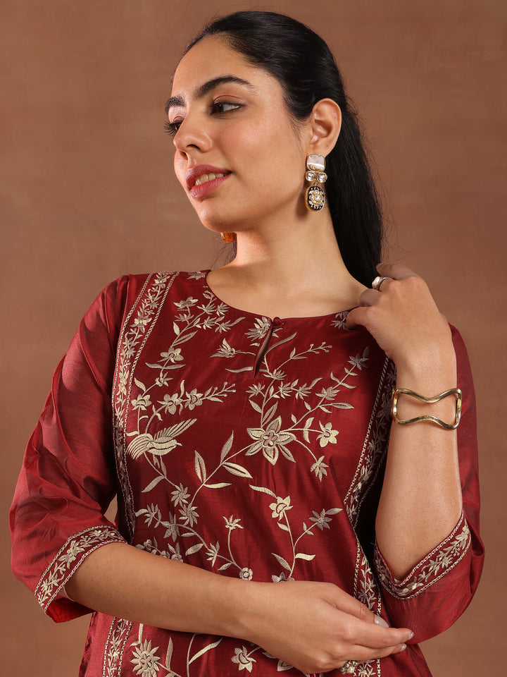 Maroon Embroidered Chanderi Silk Straight Suit With Dupatta