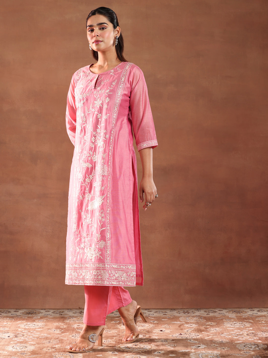 Coral Embroidered Chanderi Silk Straight Suit With Dupatta