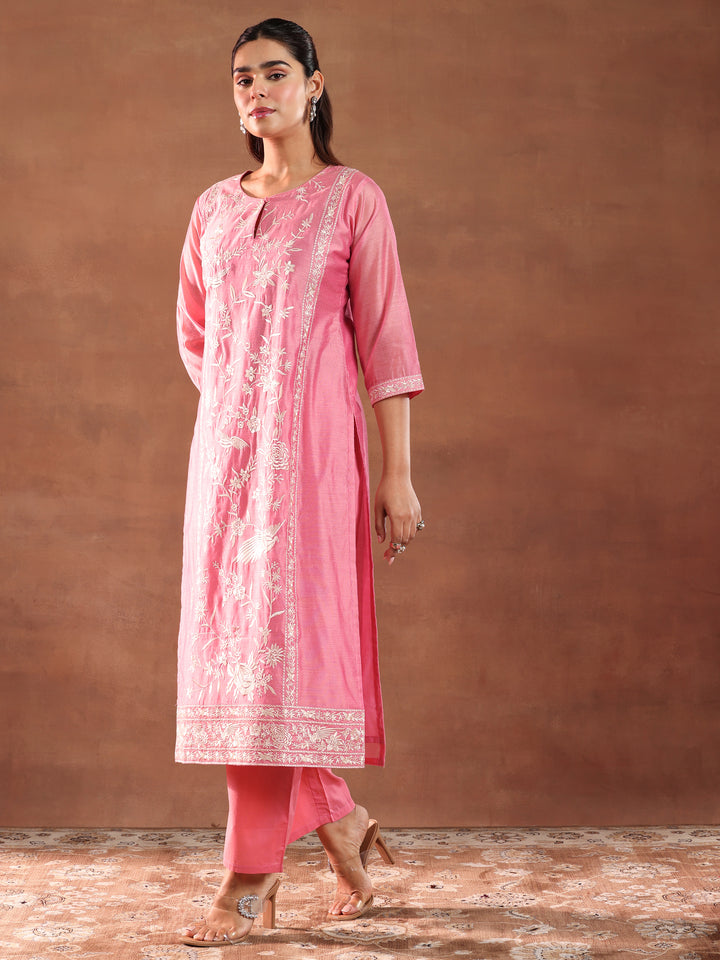 Coral Embroidered Chanderi Silk Straight Suit With Dupatta