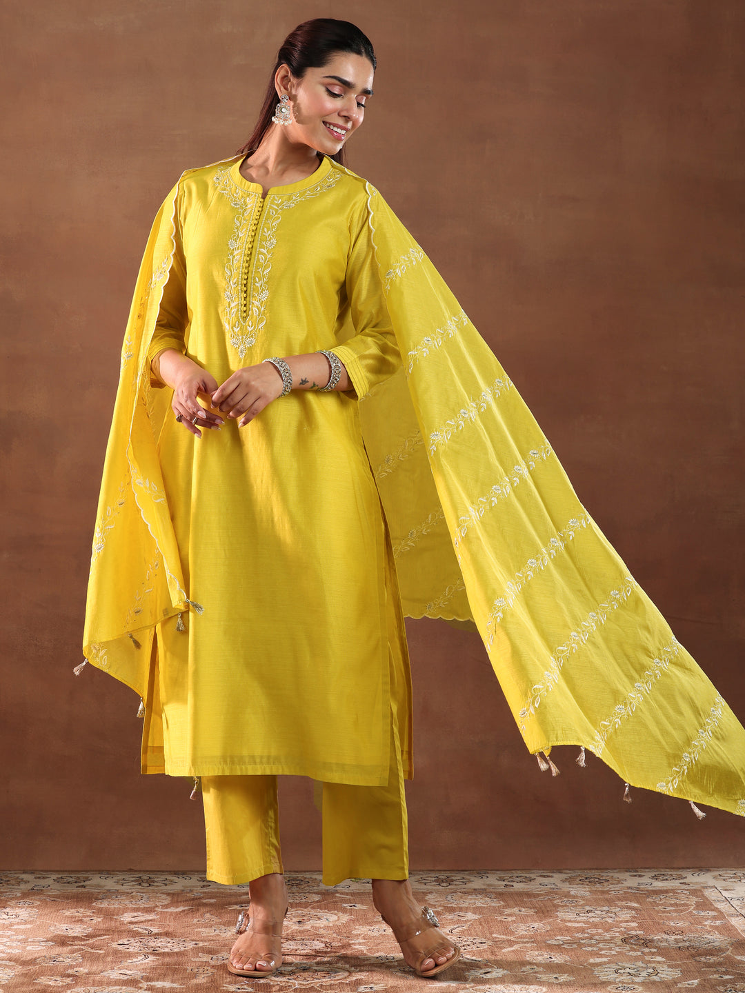 Mustard Yoke Design Chanderi Silk Straight Suit With Dupatta