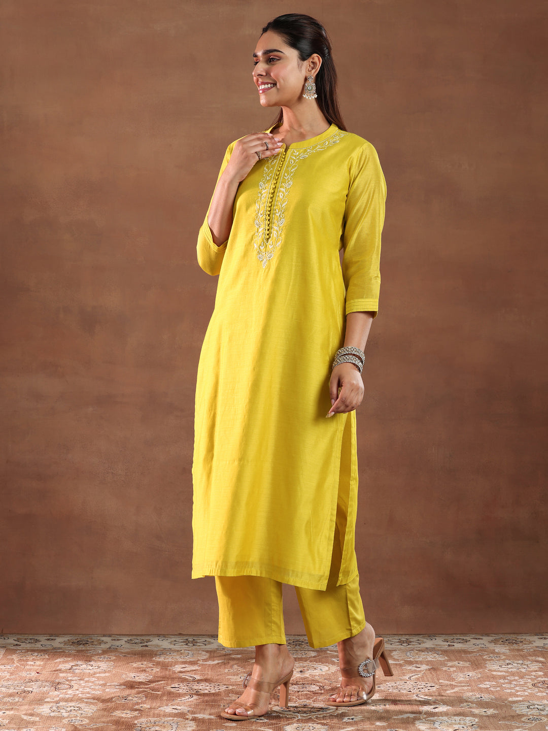 Mustard Yoke Design Chanderi Silk Straight Suit With Dupatta