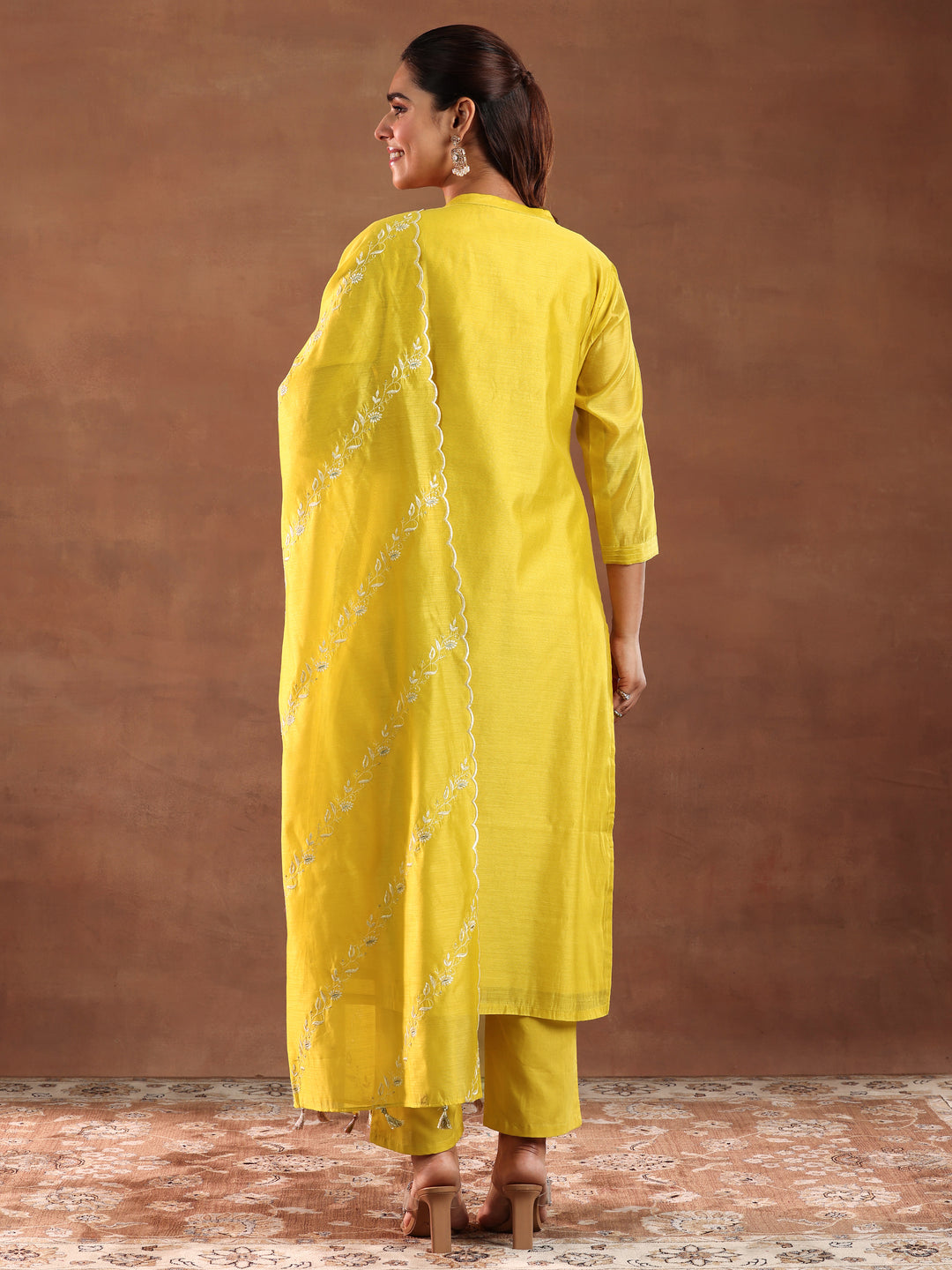 Mustard Yoke Design Chanderi Silk Straight Suit With Dupatta