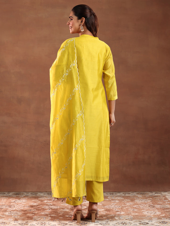 Mustard Yoke Design Chanderi Silk Straight Suit With Dupatta