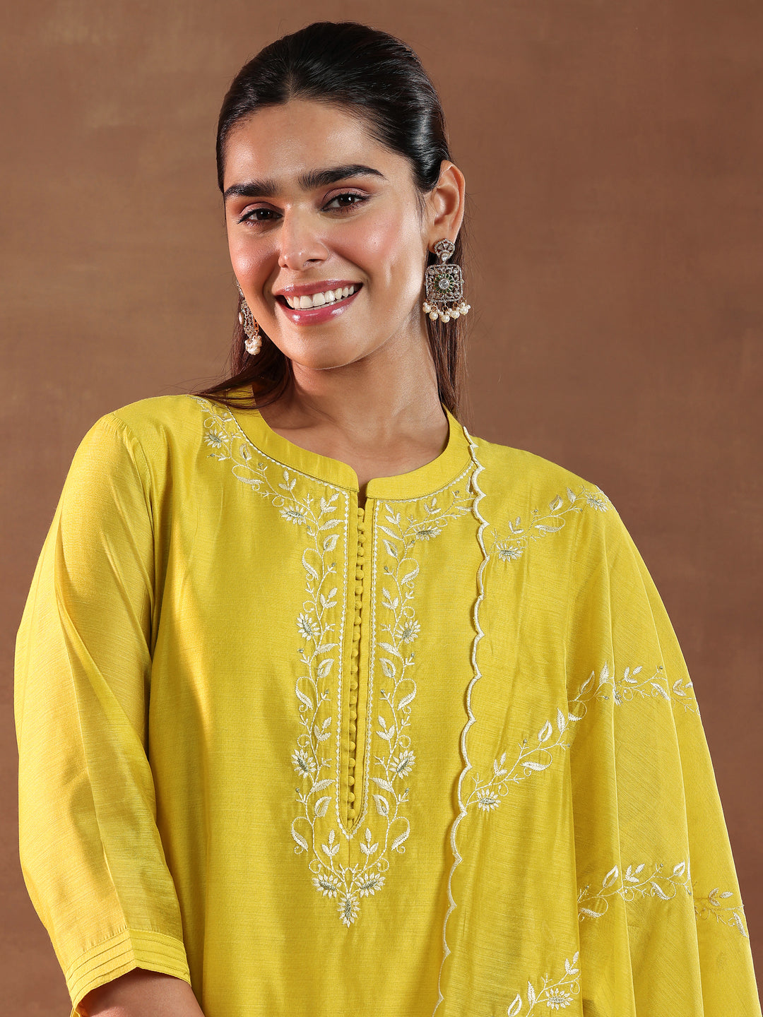 Mustard Yoke Design Chanderi Silk Straight Suit With Dupatta