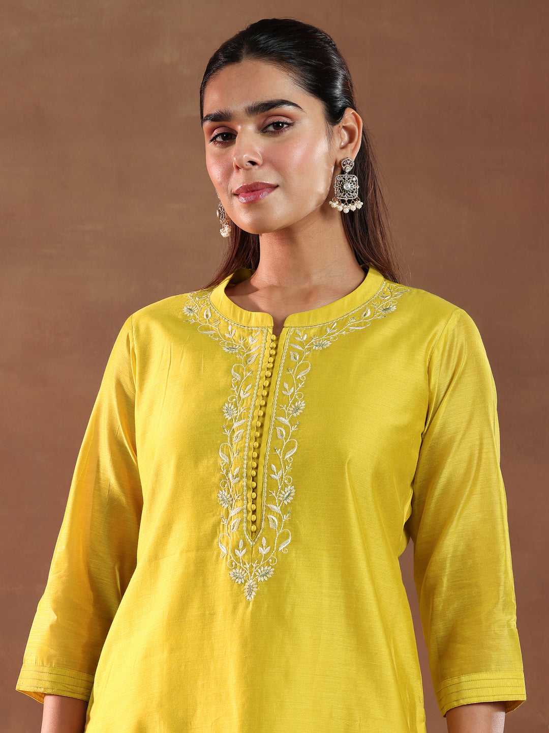 Mustard Yoke Design Chanderi Silk Straight Suit With Dupatta