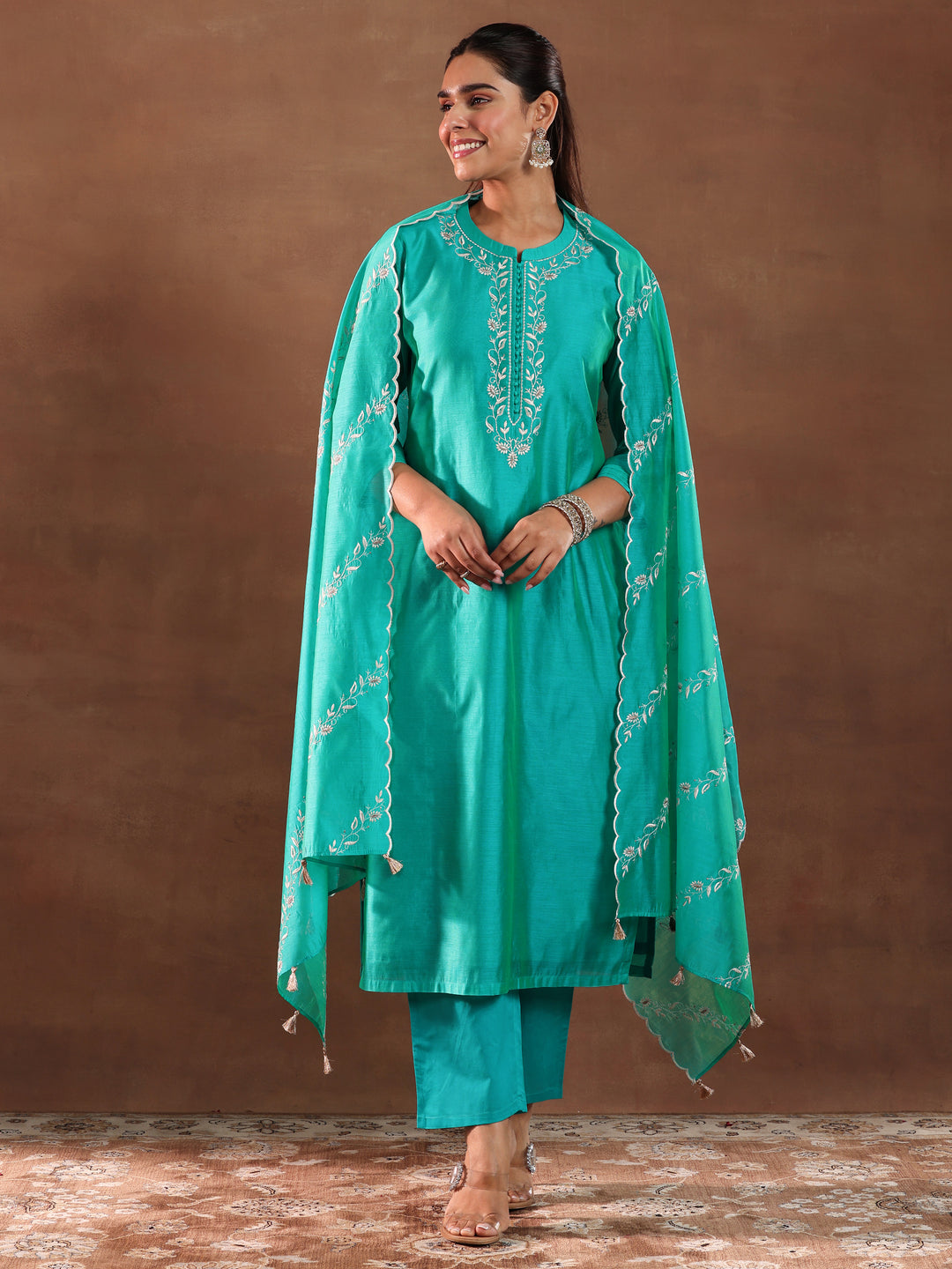 Turquoise Yoke Design Chanderi Silk Straight Suit With Dupatta