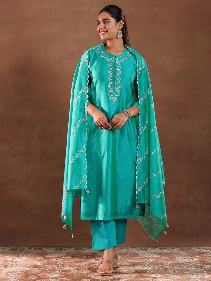Turquoise Yoke Design Chanderi Silk Straight Suit With Dupatta