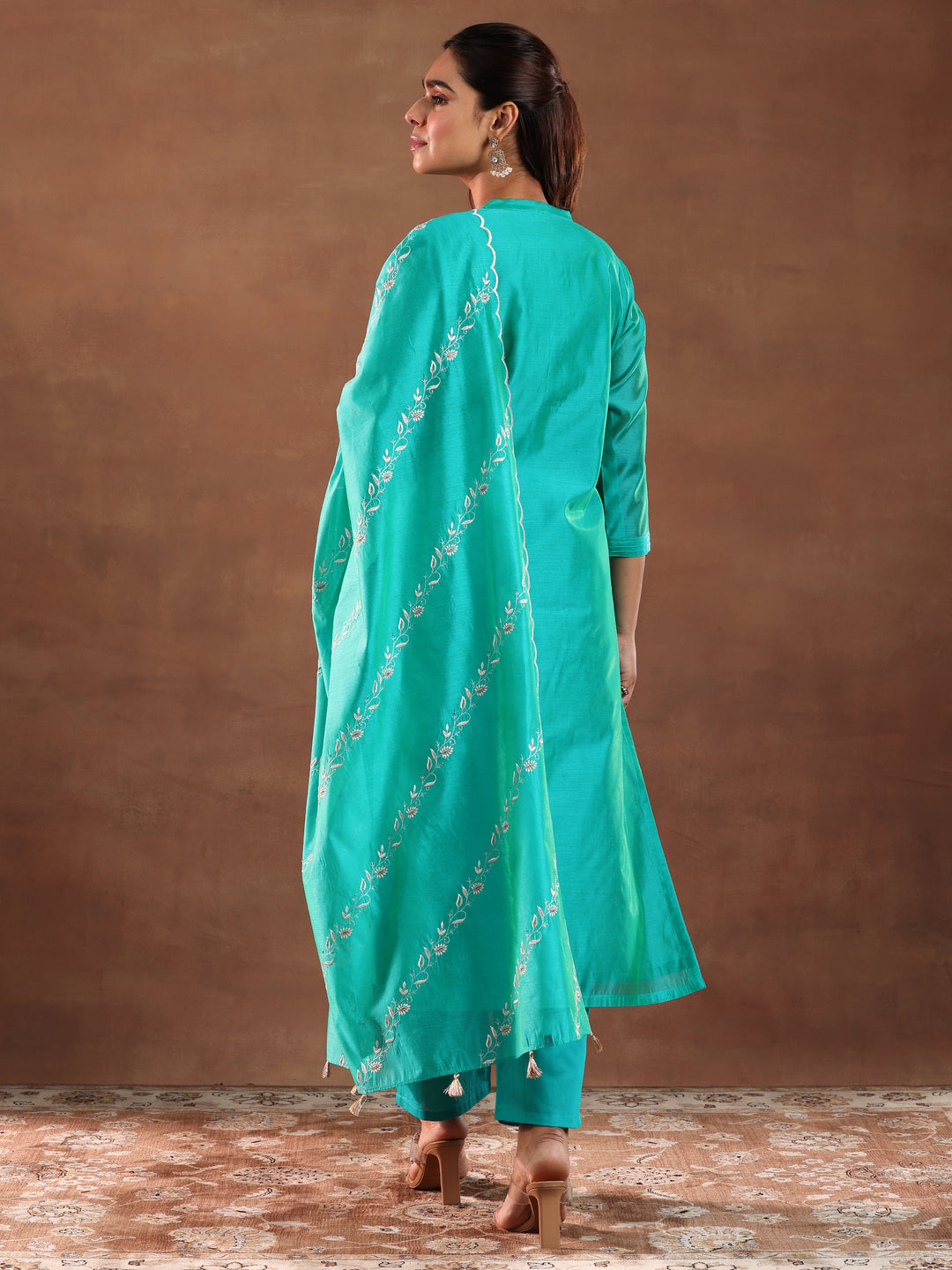Turquoise Yoke Design Chanderi Silk Straight Suit With Dupatta