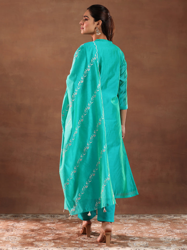 Turquoise Yoke Design Chanderi Silk Straight Suit With Dupatta