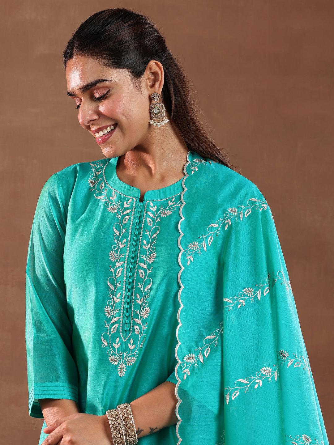 Turquoise Yoke Design Chanderi Silk Straight Suit With Dupatta