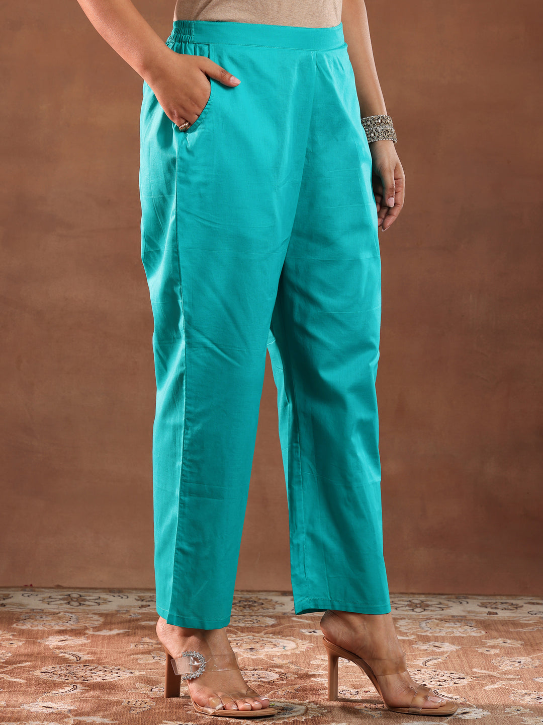 Turquoise Yoke Design Chanderi Silk Straight Suit With Dupatta