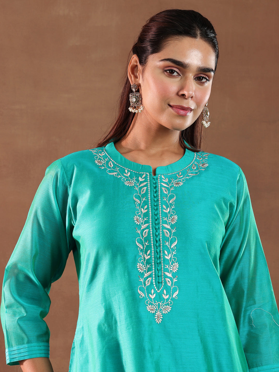 Turquoise Yoke Design Chanderi Silk Straight Suit With Dupatta