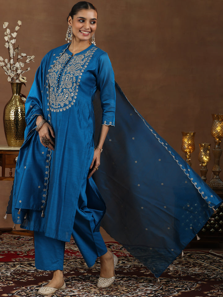 Blue Yoke Design Chanderi Silk Straight Suit With Dupatta