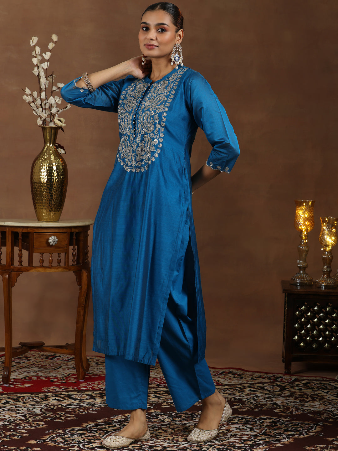 Blue Yoke Design Chanderi Silk Straight Suit With Dupatta