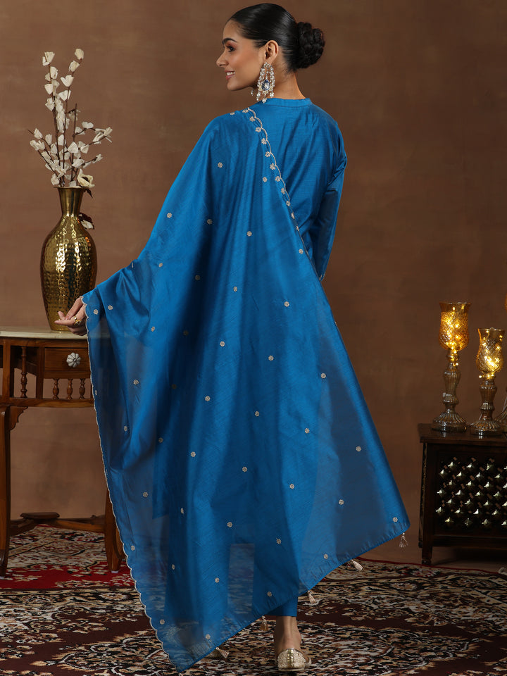 Blue Yoke Design Chanderi Silk Straight Suit With Dupatta