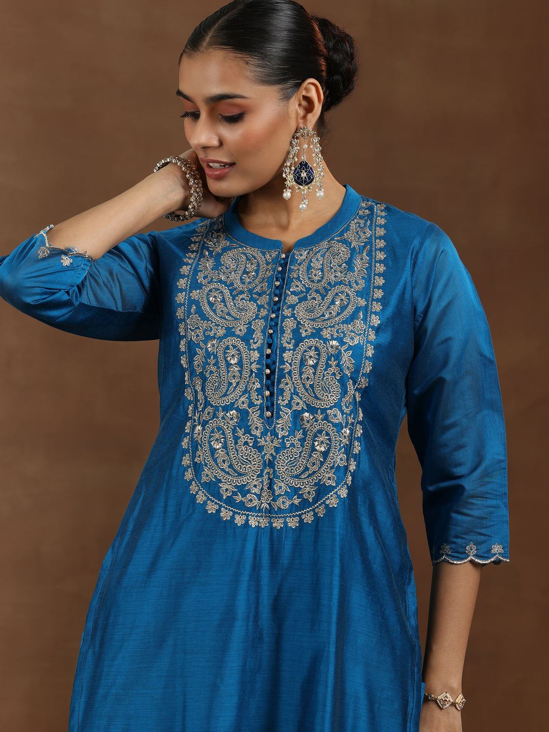 Blue Yoke Design Chanderi Silk Straight Suit With Dupatta