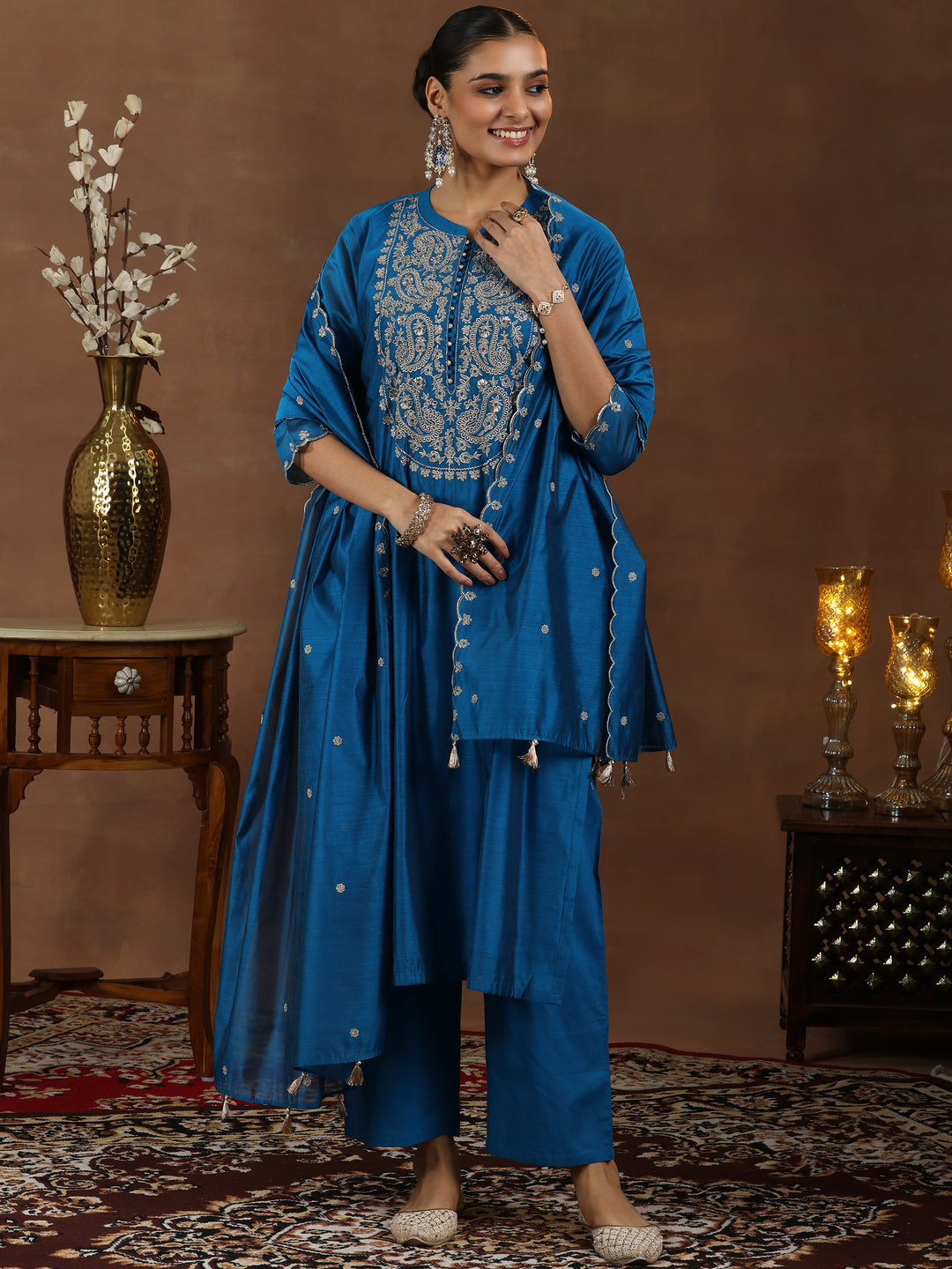 Blue Yoke Design Chanderi Silk Straight Suit With Dupatta