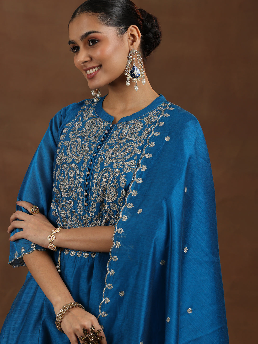 Blue Yoke Design Chanderi Silk Straight Suit With Dupatta