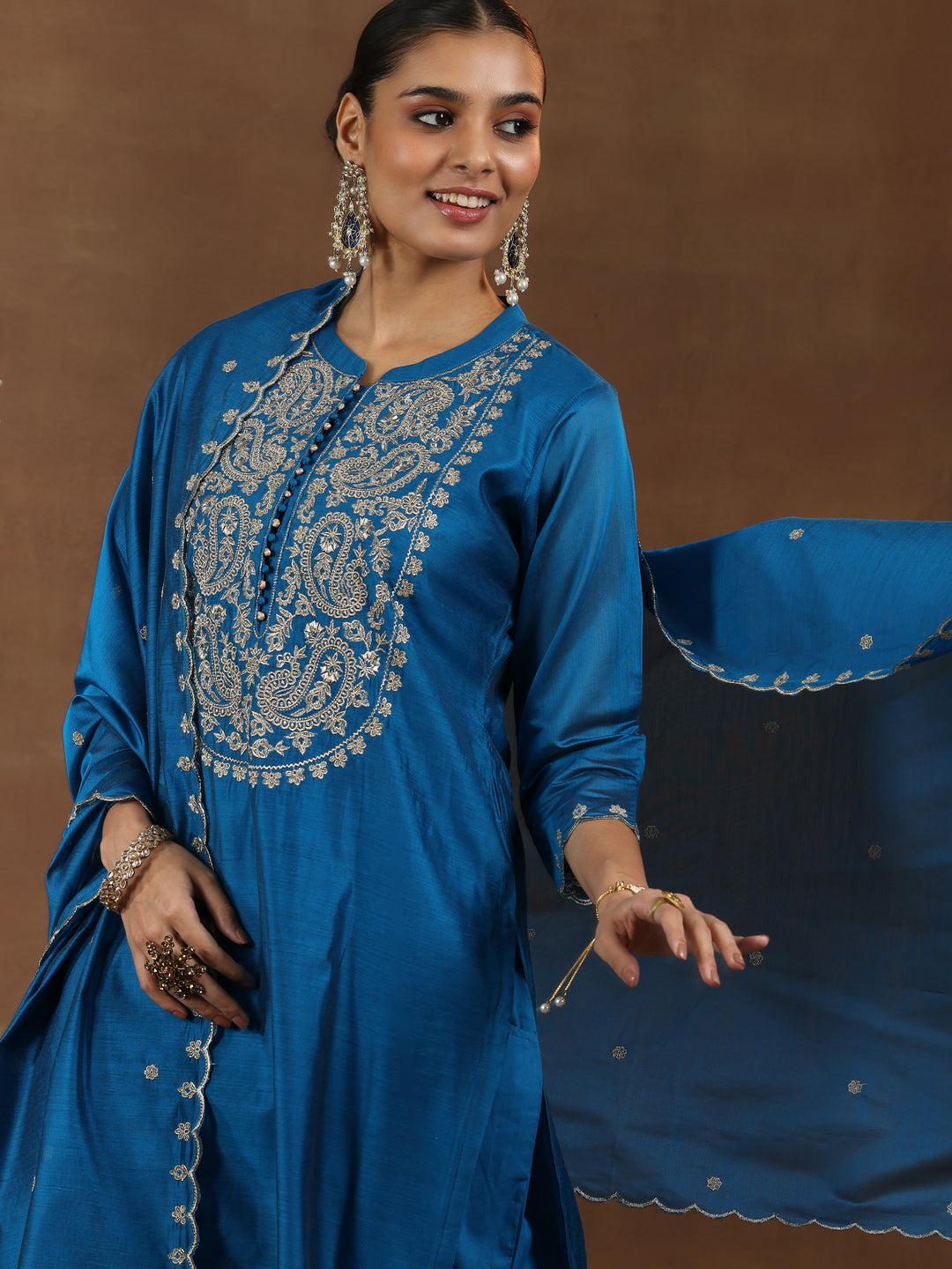 Blue Yoke Design Chanderi Silk Straight Suit With Dupatta