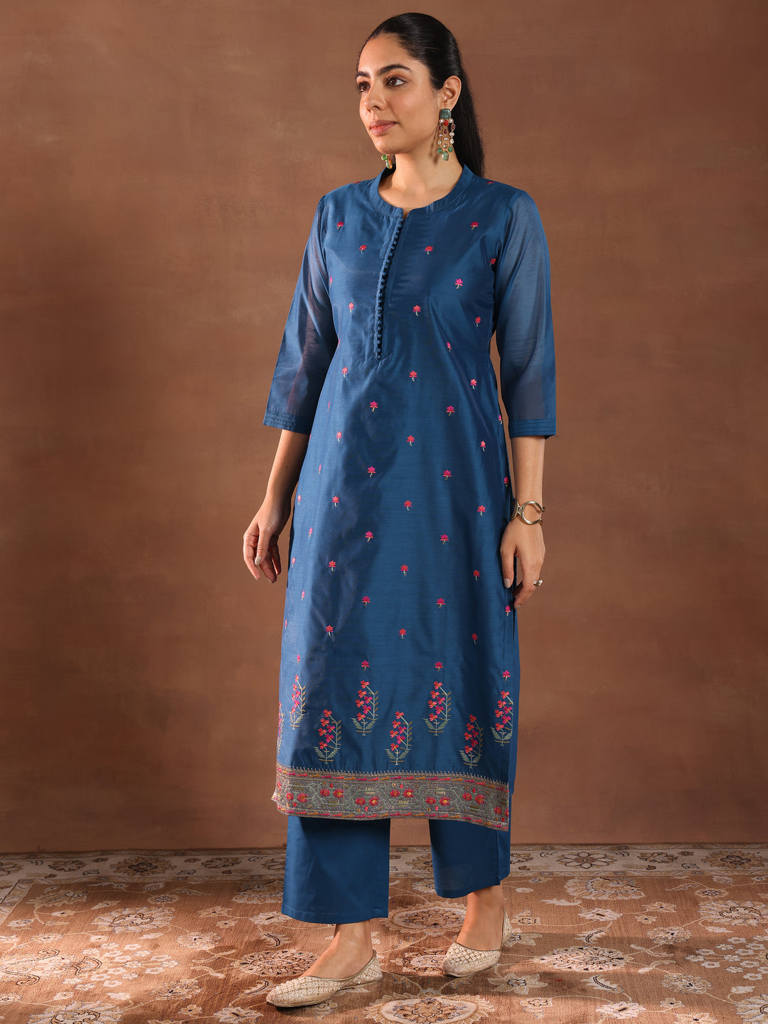 Blue Embroidered Chanderi Silk Straight Suit With Dupatta