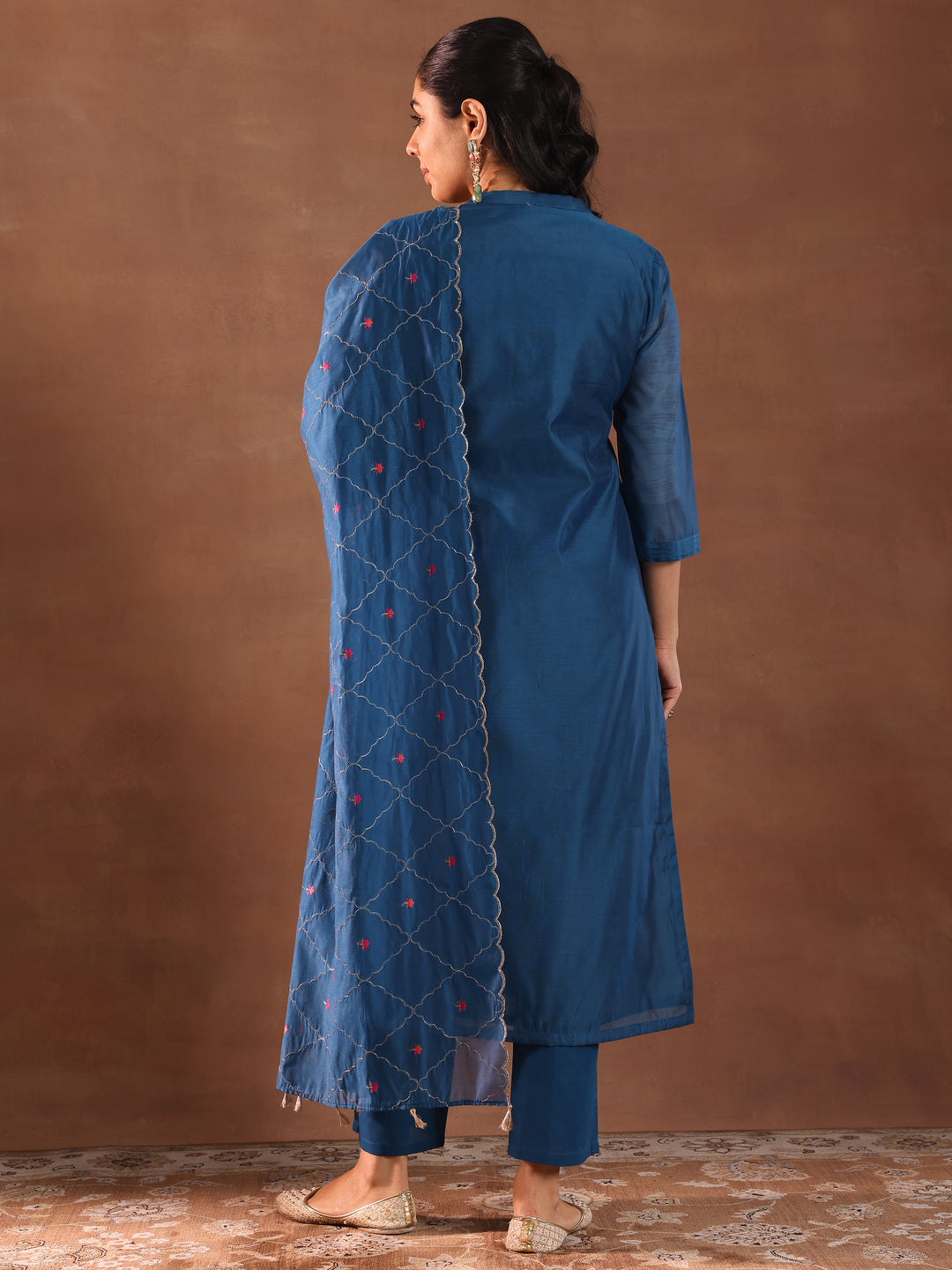 Blue Embroidered Chanderi Silk Straight Suit With Dupatta