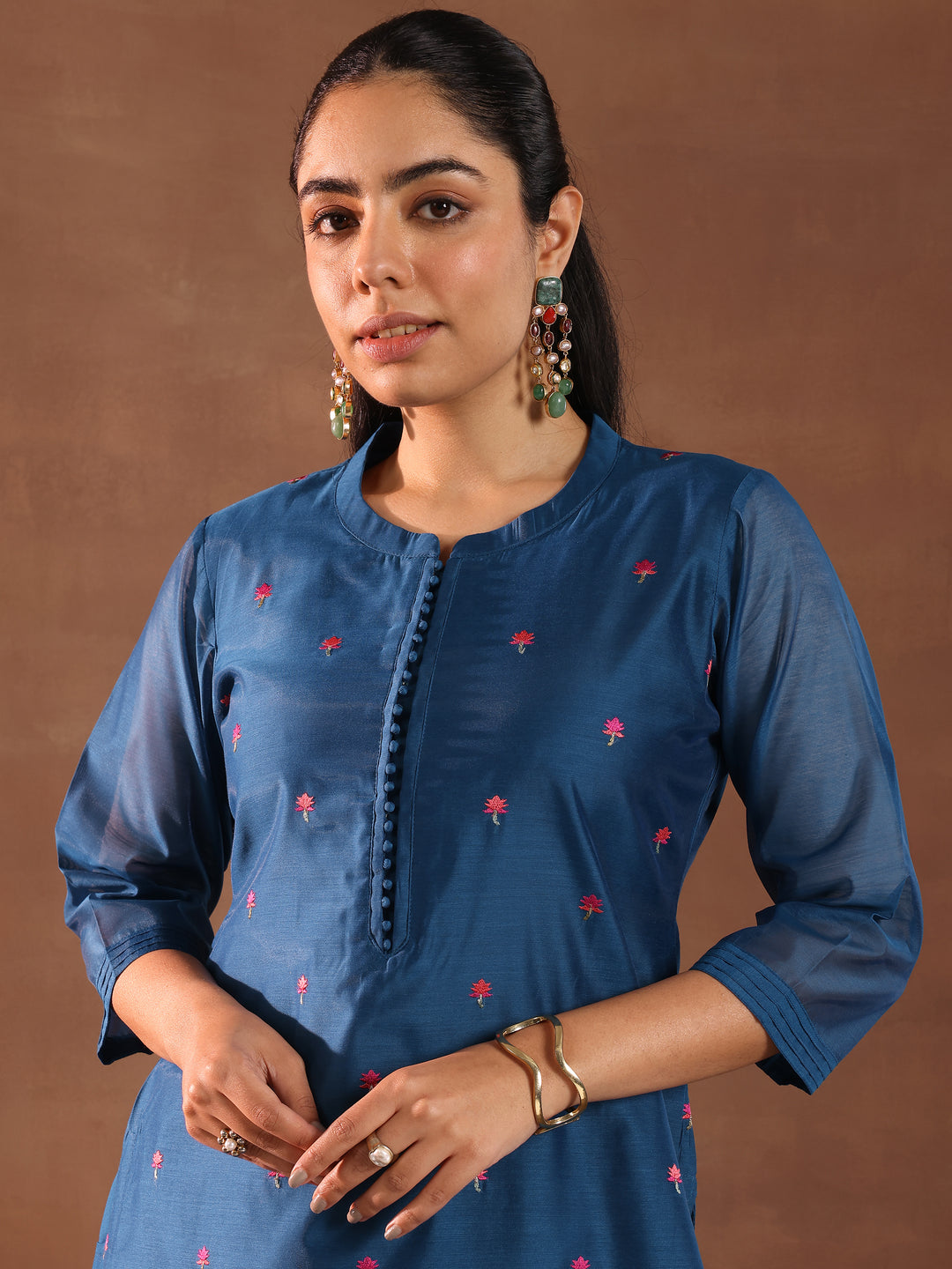 Blue Embroidered Chanderi Silk Straight Suit With Dupatta