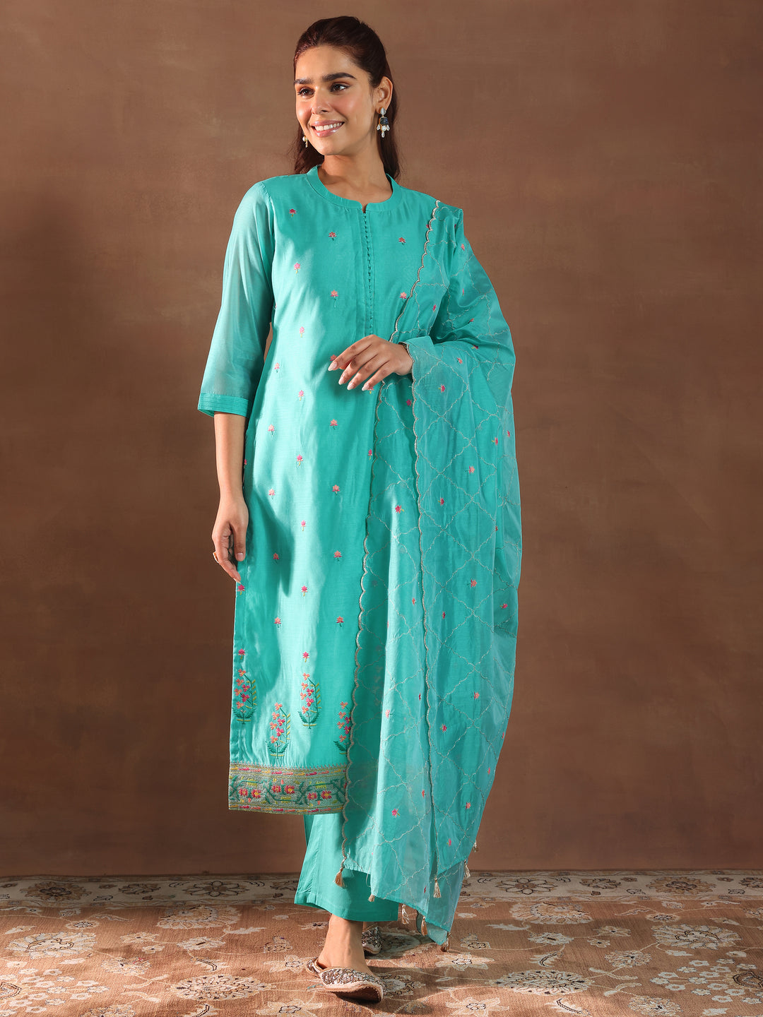 Turquoise Blue Embroidered Chanderi Silk Straight Suit With Dupatta