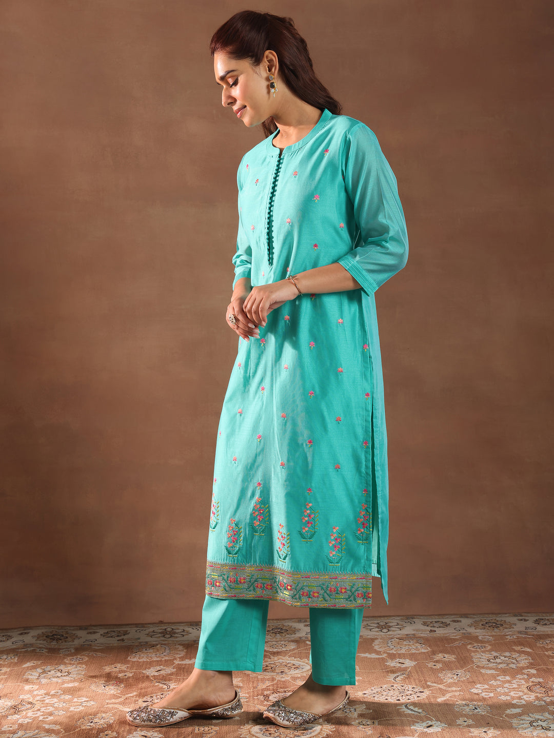 Turquoise Blue Embroidered Chanderi Silk Straight Suit With Dupatta