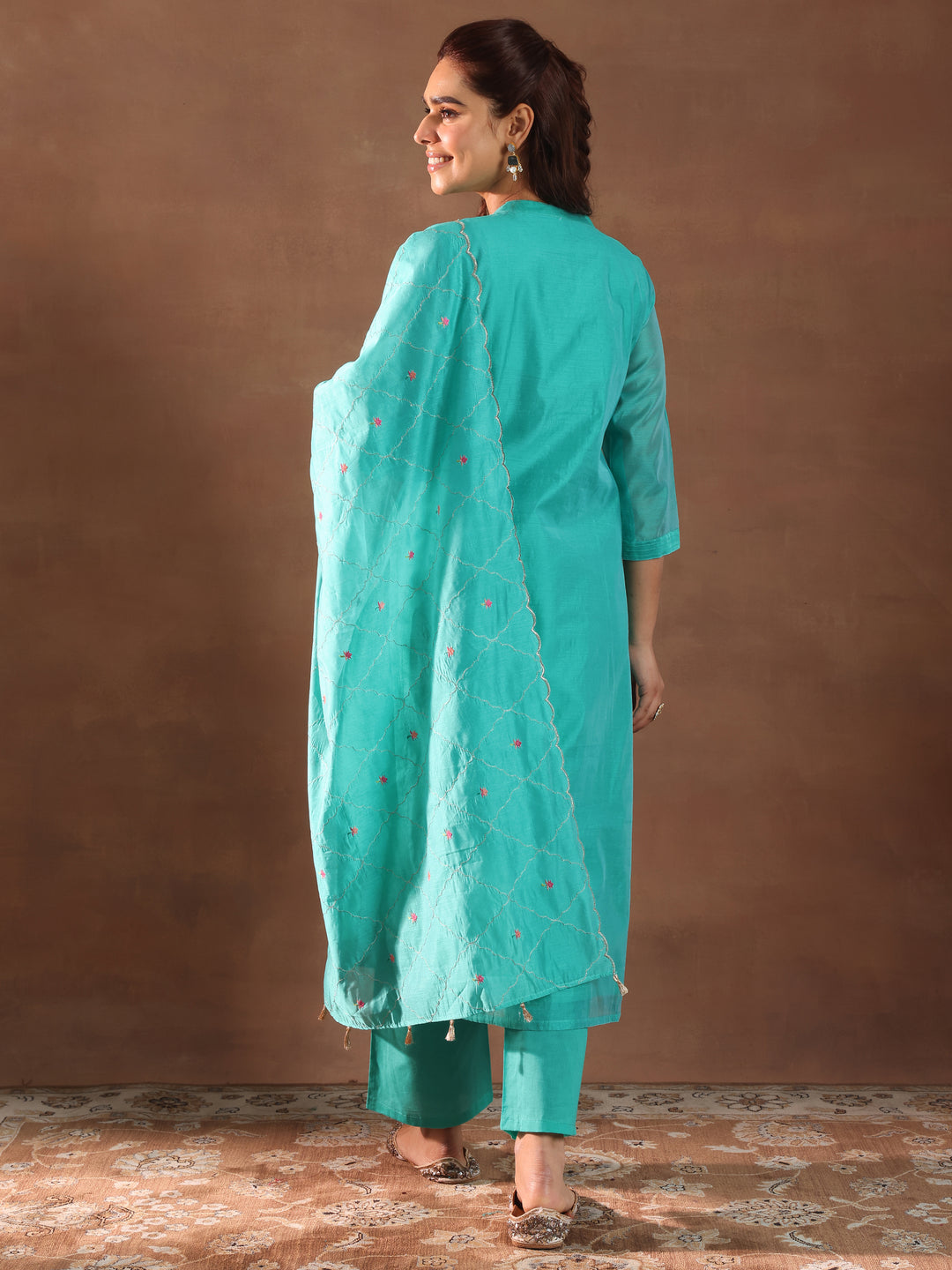 Turquoise Blue Embroidered Chanderi Silk Straight Suit With Dupatta