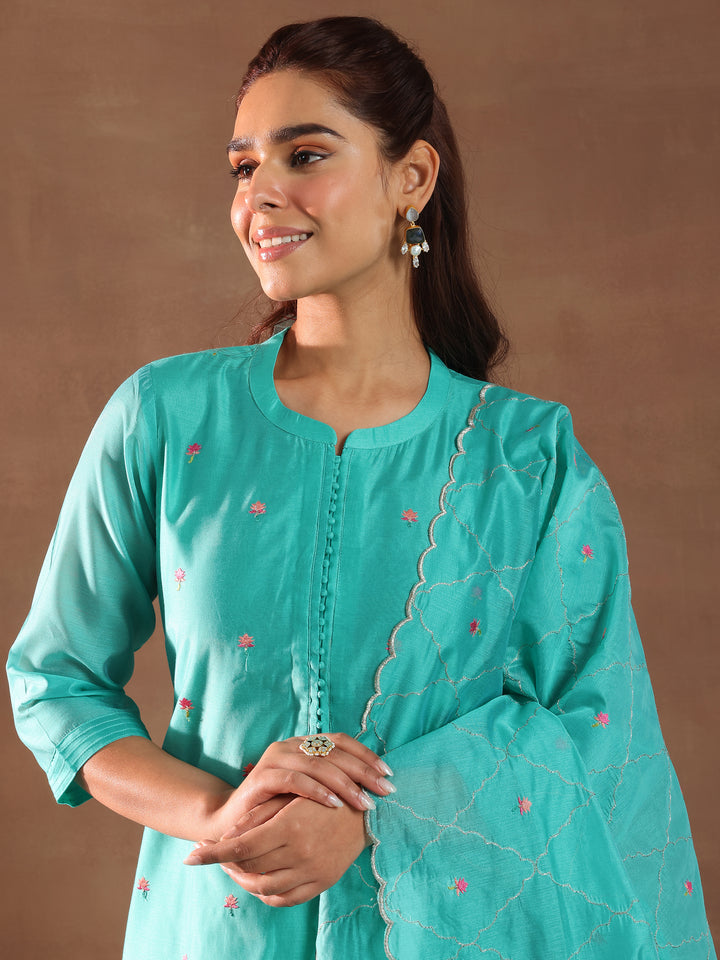 Turquoise Blue Embroidered Chanderi Silk Straight Suit With Dupatta