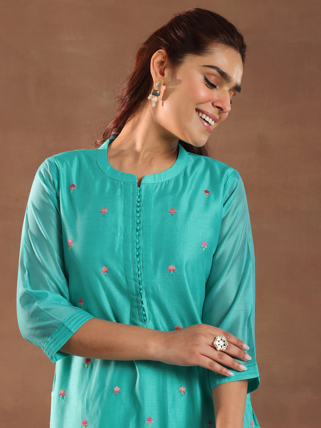 Turquoise Blue Embroidered Chanderi Silk Straight Suit With Dupatta