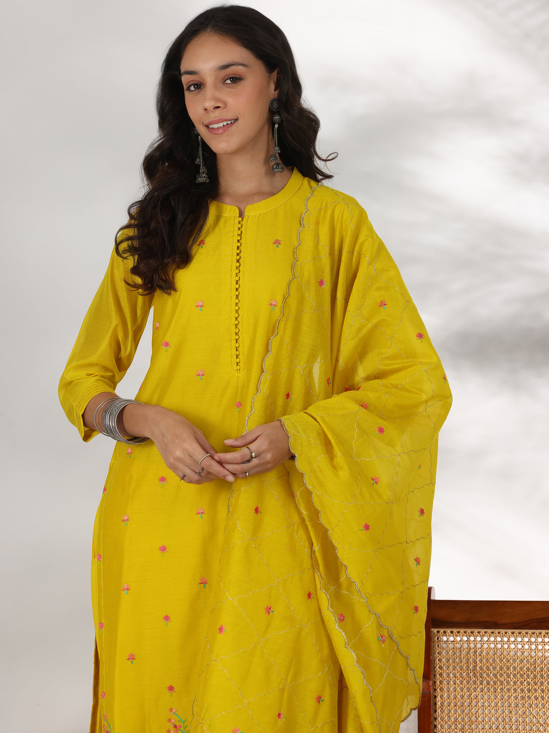 Yellow Embroidered Chanderi Silk Straight Suit With Dupatta