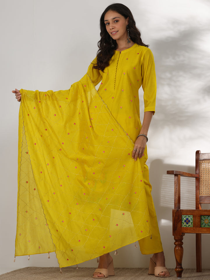 Yellow Embroidered Chanderi Silk Straight Suit With Dupatta