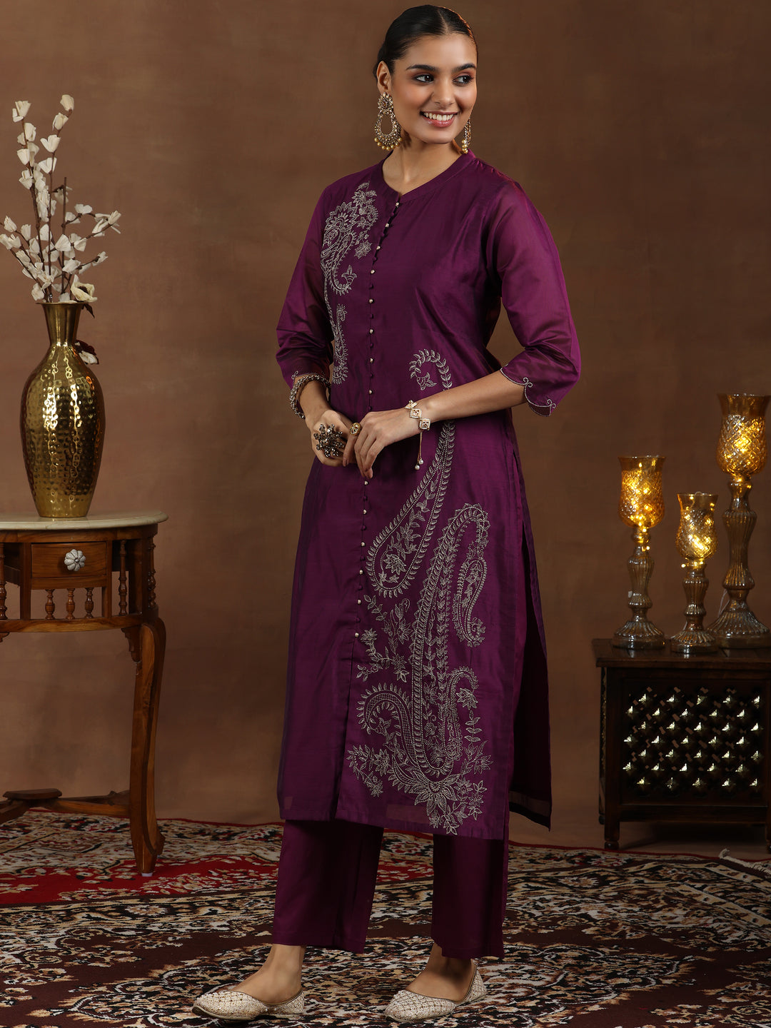 Wine Embroidered Chanderi Silk Straight Suit With Dupatta