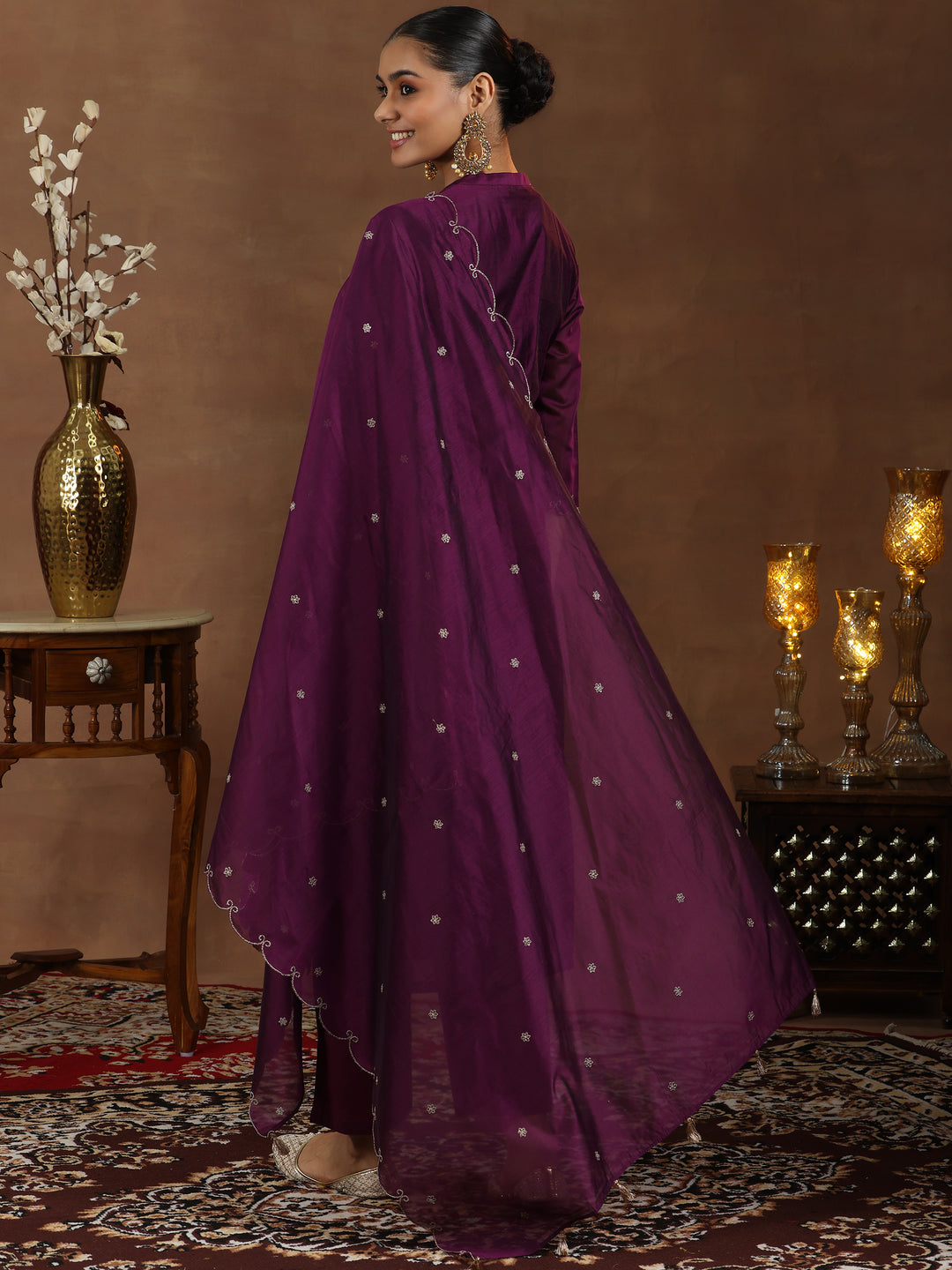 Wine Embroidered Chanderi Silk Straight Suit With Dupatta