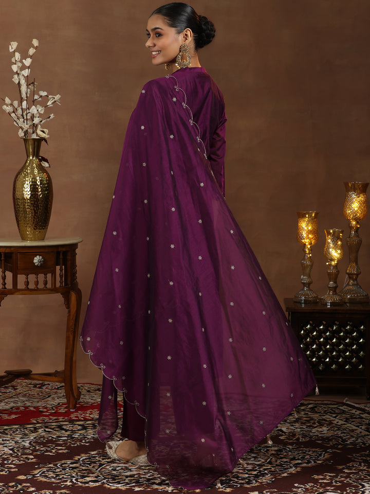 Wine Embroidered Chanderi Silk Straight Suit With Dupatta