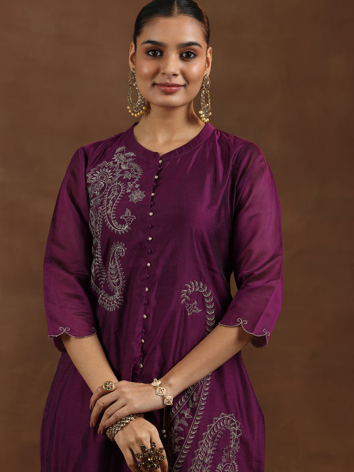 Wine Embroidered Chanderi Silk Straight Suit With Dupatta