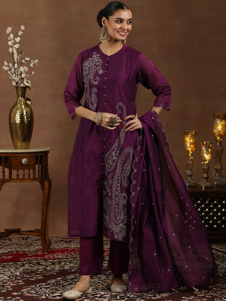 Wine Embroidered Chanderi Silk Straight Suit With Dupatta