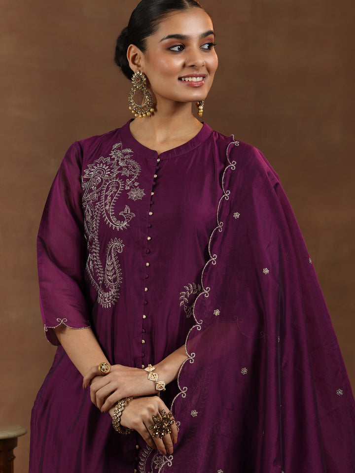 Wine Embroidered Chanderi Silk Straight Suit With Dupatta