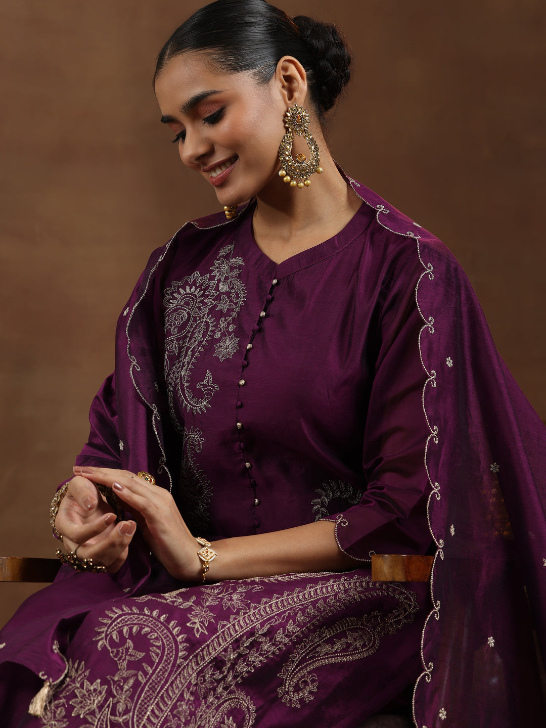 Wine Embroidered Chanderi Silk Straight Suit With Dupatta